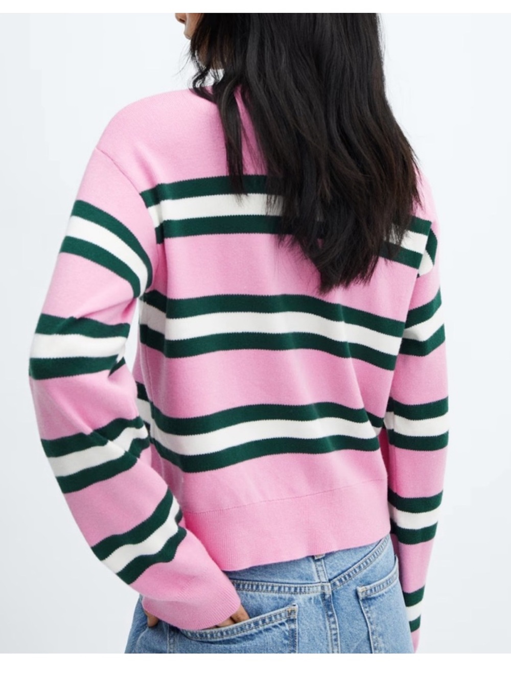 Mango Pink Green Striped Polo Collar Knit Sweater Top Small - Tennis Preppy - Picture 4 of 16